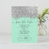 Luxe Zilver Neo Mint Glitter Confetti Bruiloft Save The Date (Staand voorkant)