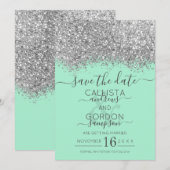 Luxe Zilver Neo Mint Glitter Confetti Bruiloft Save The Date (Voorkant / Achterkant)