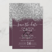 Luxe Zilver Paarse Glitters Confetti Bruiloft Save The Date (Voorkant / Achterkant)