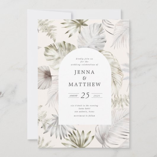 Luxe Zilver Tropisch Bladgroen Bruiloft Kaart (Voorkant)