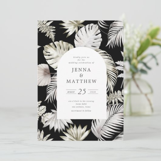 Luxe Zilver Tropisch Bladgroen Bruiloft Kaart (Staand voorkant)