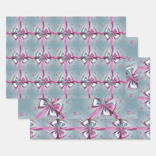 Luxe Zilver Verpakkingspapier Roze Bow Sterren Inpakpapier Vel (Set)