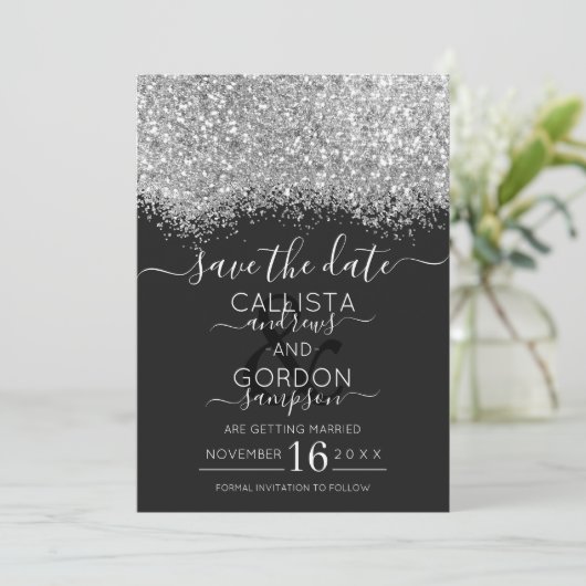 Luxe Zilver Zwart Glitter Confetti Bruiloft Save The Date (Staand voorkant)