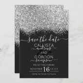 Luxe Zilver Zwart Glitter Confetti Bruiloft Save The Date (Voorkant / Achterkant)