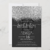 Luxe Zilver Zwart Glitter Confetti Sweet 16 Kaart (Voorkant)