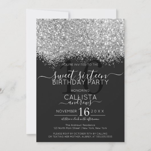 Luxe Zilver Zwart Glitter Confetti Sweet 16 Kaart (Voorkant)