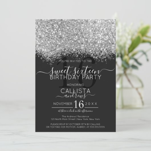 Luxe Zilver Zwart Glitter Confetti Sweet 16 Kaart (Staand voorkant)