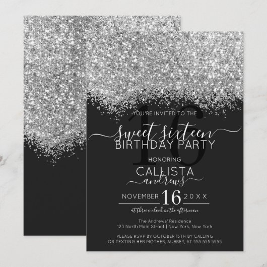 Luxe Zilver Zwart Glitter Confetti Sweet 16 Kaart (Voorkant / Achterkant)