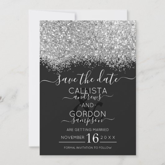 Luxe Zilver Zwart Glitters Confetti Bruiloft Save The Date (Voorkant)