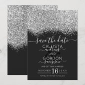 Luxe Zilver Zwart Glitters Confetti Bruiloft Save The Date (Voorkant / Achterkant)