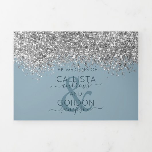 Luxe Zilveren Blauw Glitter Registry Detail RSVP Drieluik Uitnodiging (Cover)