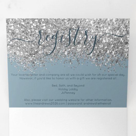 Luxe Zilveren Blauw Glitter Registry Detail RSVP Drieluik Uitnodiging (Binnenzijde eerst)