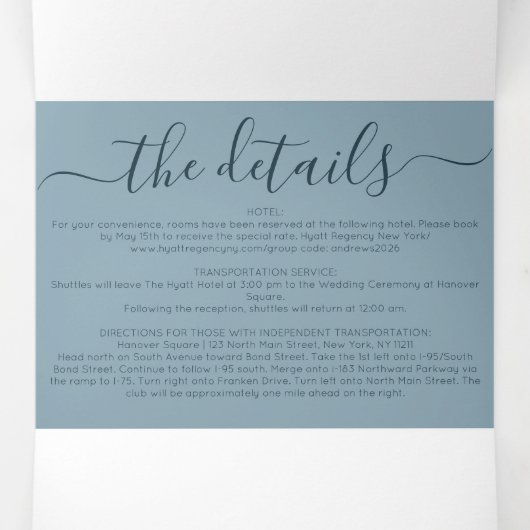 Luxe Zilveren Blauw Glitter Registry Detail RSVP Drieluik Uitnodiging (Binnenkant midden)