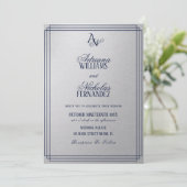 Luxe Zilveren Blauwe Monogram Bruiloft Kaart (Staand voorkant)