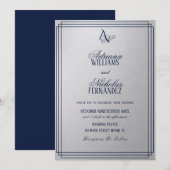 Luxe Zilveren Blauwe Monogram Bruiloft Kaart (Voorkant / Achterkant)