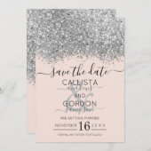 Luxe Zilveren Blush Glitter Confetti Bruiloft Save The Date (Voorkant / Achterkant)