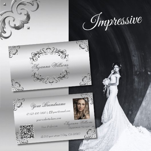 Luxe zilveren decor met foto en QR-code Visitekaartje