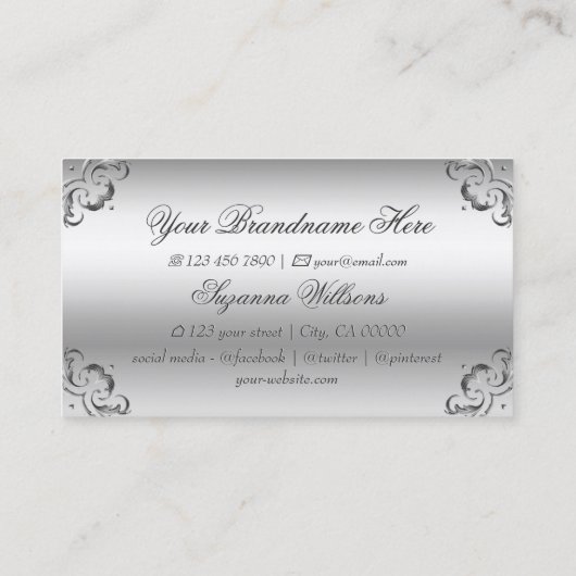 Luxe zilveren decor met Monogram weelderig Visitekaartje (Achterkant)