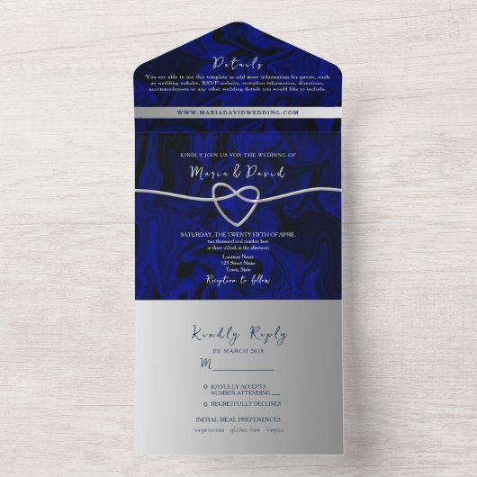 Luxe Zilveren en Royal Blue Wedding All In One Uitnodiging (Binnen)