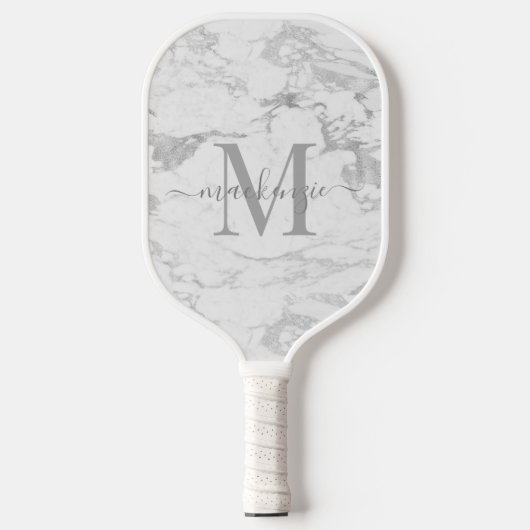Luxe zilveren folie marmer monogram pickleball paddle (Voorkant)