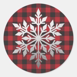 Luxe Zilveren Folie Sneeuwvlok Rood Buffel Plaid Ronde Sticker