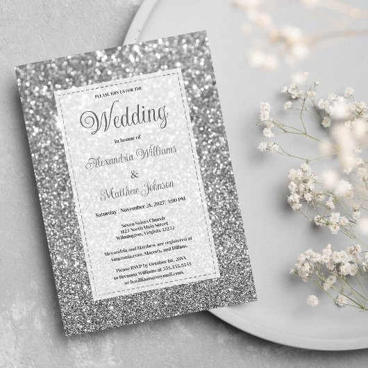 Luxe zilveren glinsterende glitter glamour bruilof kaart