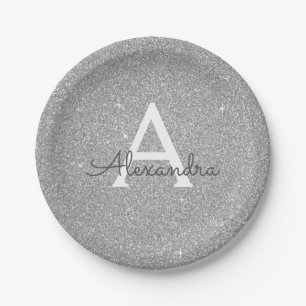 Luxe Zilveren Glitter & Glans Monogram Verjaardag Papieren Bordje