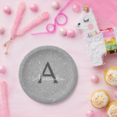 Luxe Zilveren Glitter & Glans Monogram Verjaardag Papieren Bordje (Feest)