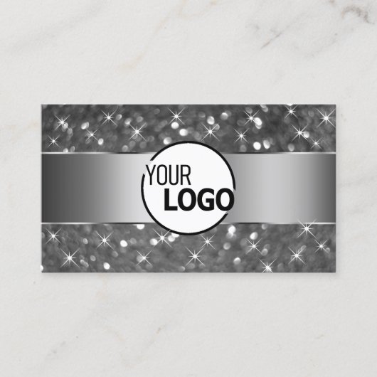 Luxe Zilveren Glitter Lichtgevende Sterren en Logo Visitekaartje (Voorkant)