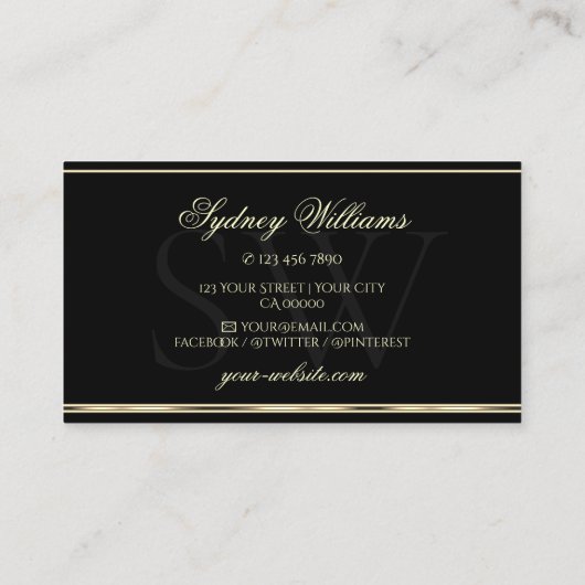 Luxe Zilveren Glitter Monogram Zwart en Gouden Visitekaartje (Achterkant)