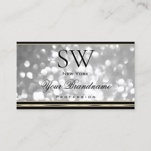 Luxe Zilveren Glitter Monogram Zwart en Gouden Visitekaartje (Voorkant)