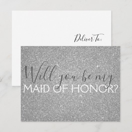 Luxe Zilveren Glitter & Sparkle Maid of Honor Uitnodiging Briefkaart (Voorkant / Achterkant)