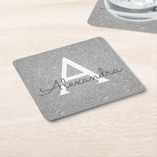 Luxe Zilveren Glitter & Sparkle Monogram Verjaarda Kartonnen Onderzetters (Schuin)