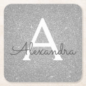 Luxe Zilveren Glitter & Sparkle Monogram Verjaarda Kartonnen Onderzetters (Voorkant)