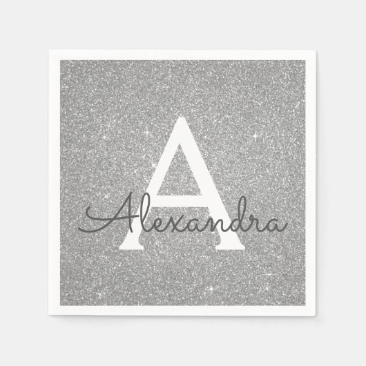 Luxe Zilveren Glitter & Sparkle Monogram Verjaarda Servet (Voorkant)