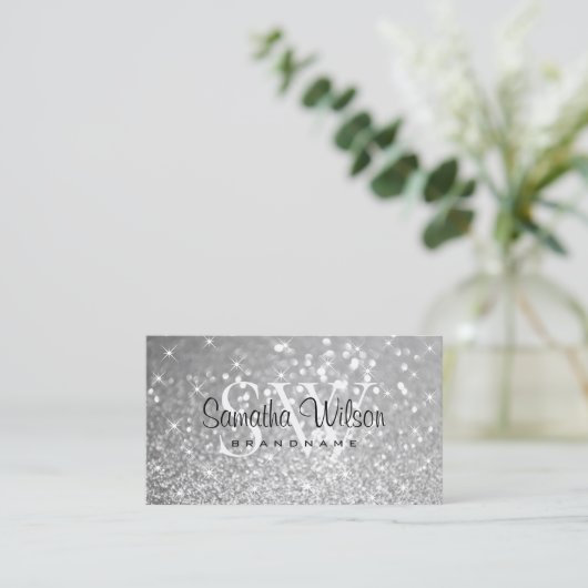 Luxe Zilveren Glitter Sparkle Stars Monogram Smart Visitekaartje (Staand voorkant)