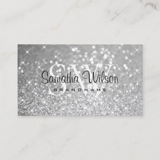 Luxe Zilveren Glitter Sparkle Stars Monogram Smart Visitekaartje (Voorkant)