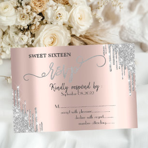 Luxe zilveren glitterslierten Sweet 16 RSVP Kaart