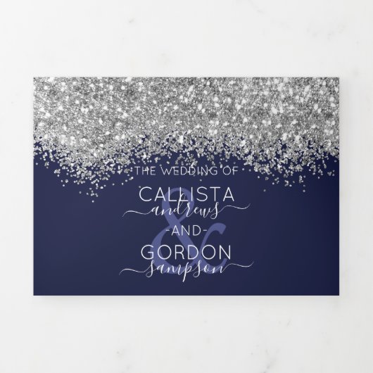 Luxe Zilveren Marine Glitter Registry Detail RSVP Drieluik Uitnodiging (Cover)