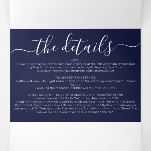 Luxe Zilveren Marine Glitter Registry Detail RSVP Drieluik Uitnodiging (Binnenkant midden)