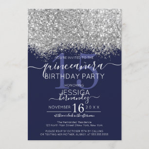 Luxe Zilveren Navy Glitter Confetti Quinceañera Kaart
