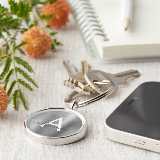 Luxe zilveren nep roestvrij staal monogram sleutelhanger (Zijkant)