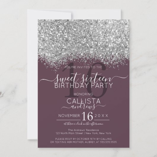 Luxe Zilveren Paarse Glitter Confetti Sweet 16 Kaart (Voorkant)