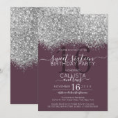 Luxe Zilveren Paarse Glitter Confetti Sweet 16 Kaart (Voorkant / Achterkant)