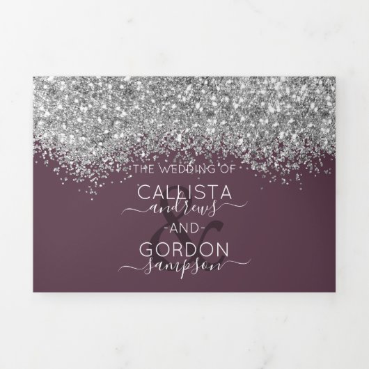 Luxe Zilveren Paarse Glitter Registry Detail RSVP Drieluik Uitnodiging (Cover)