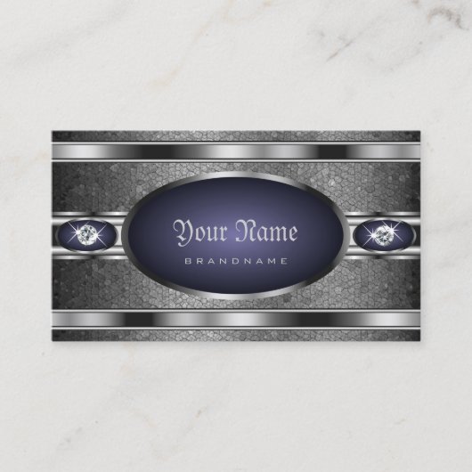 Luxe Zilveren Patroon Blauw met Faux Diamonds Visitekaartje (Voorkant)