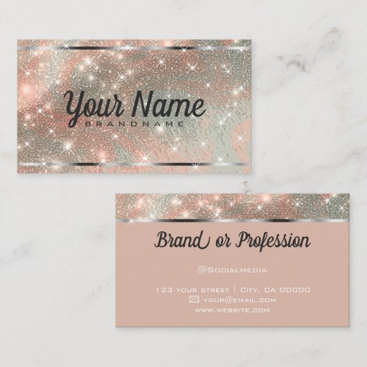 Luxe zilveren perzik gemarmerde glitter glanzende  visitekaartje (Voorkant / Achterkant)