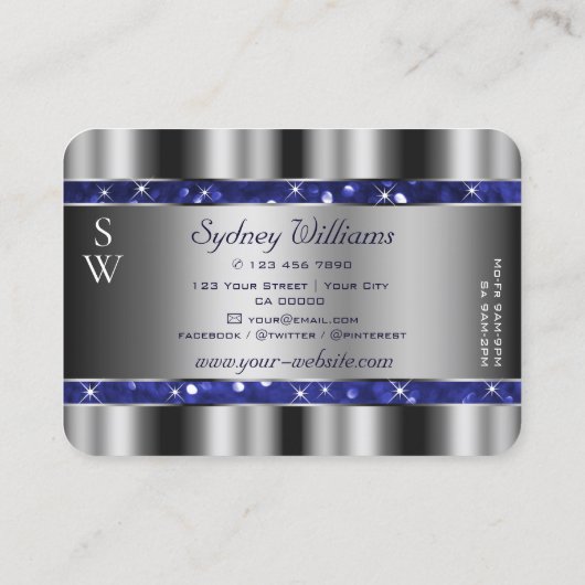 Luxe zilveren Royal Blue Sparkle Glitter Monogram Visitekaartje (Achterkant)
