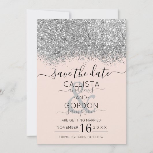 Luxe Zilveren Roze Glitter Confetti Bruiloft Save The Date (Voorkant)