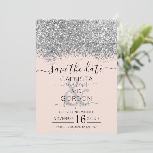 Luxe Zilveren Roze Glitter Confetti Bruiloft Save The Date (Staand voorkant)